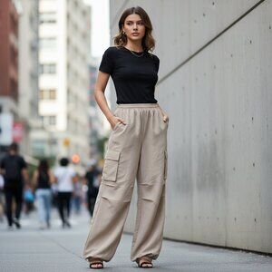 SHEIN Womens Small Beige Cargo Jogger Pants Elastic Waist Drawstring Barrel leg